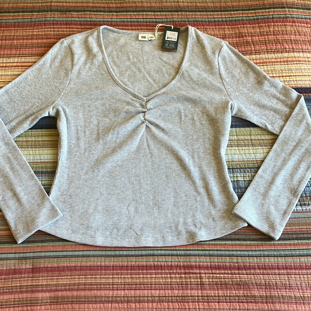 Women’s tentree ruched v-neck long sleeve waffle knit top, size XL, grey heather